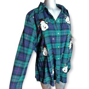 Vintage Victoria Jones Blue Green Plaid Snowman Christmas Winter Flannel Size 1x